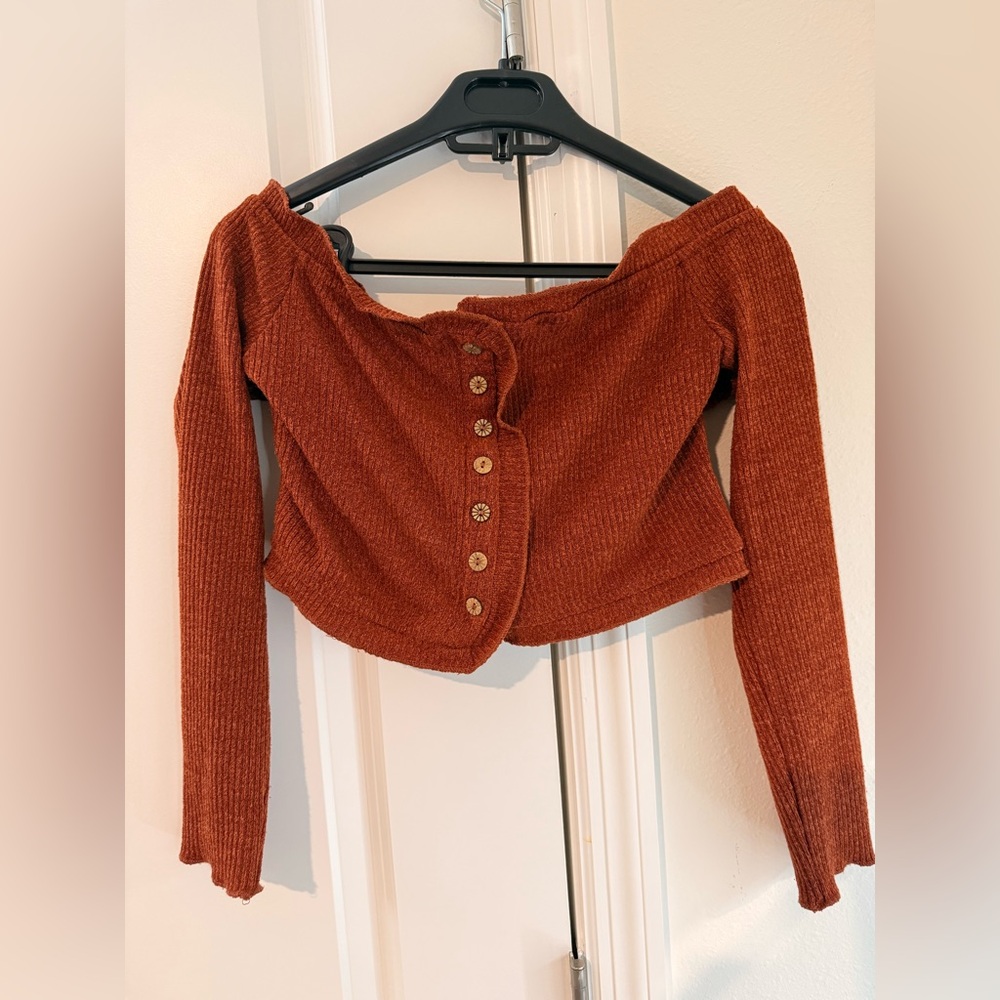 Rust Off-Shoulder Button-Up Top